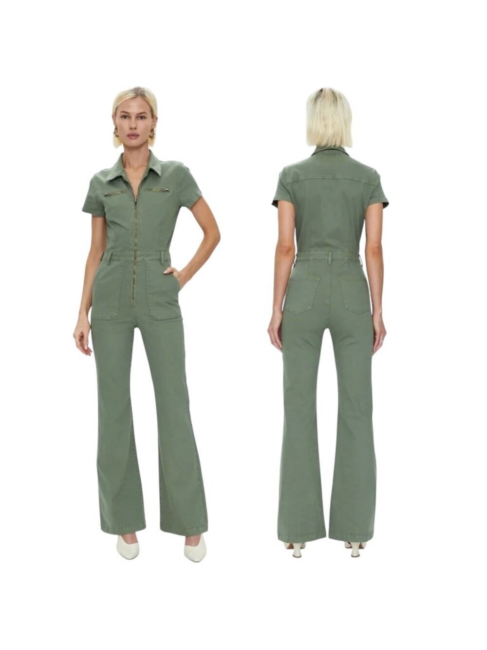 PISTOLA Martina Short Sleeve Flare Leg Jumpsuit Sz S Olive Green Stretch